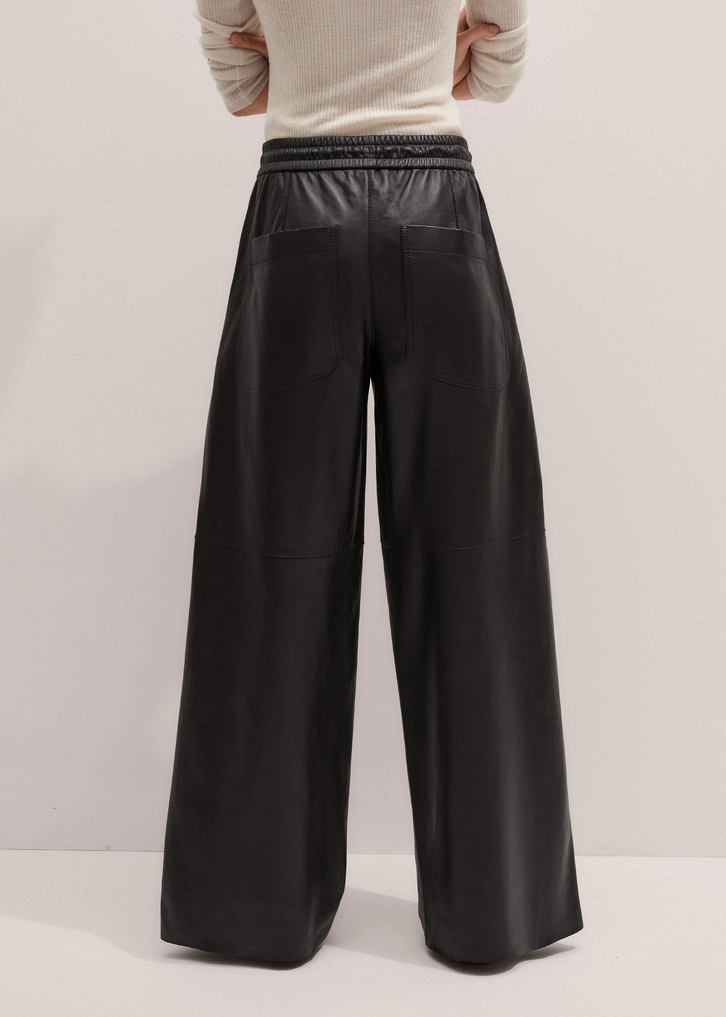 Warm Black Leather Wide-Leg Track Pant