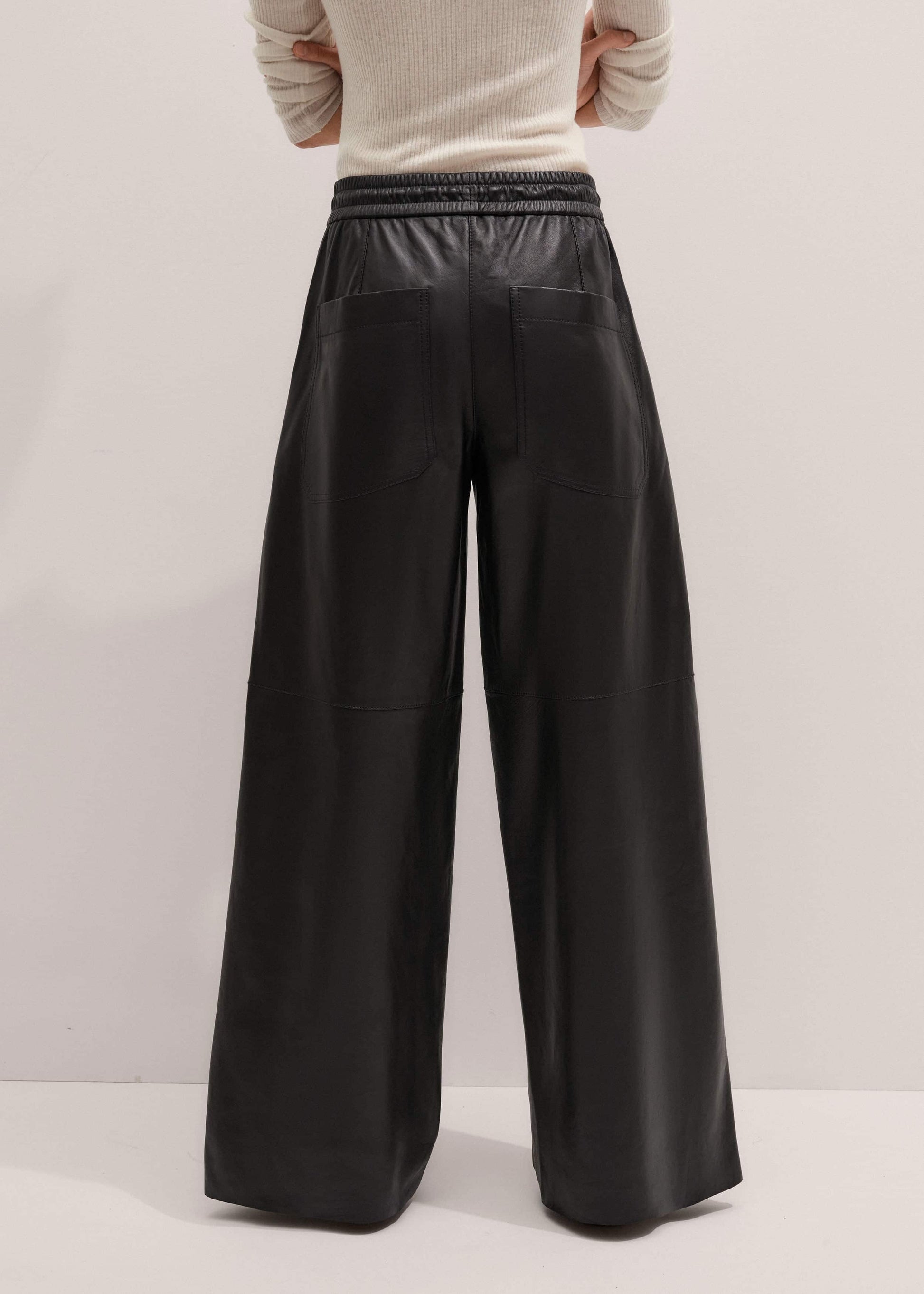 Warm Black Leather Wide-Leg Track Pant