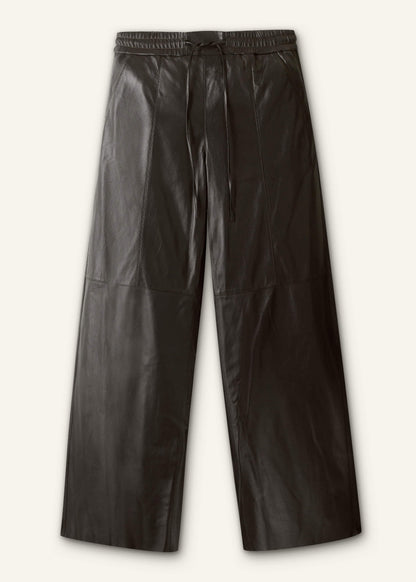 Warm Black Leather Wide-Leg Track Pant
