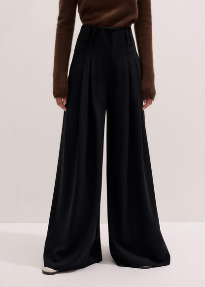 Black Wool Ultra Wide-Leg Pleat Pant