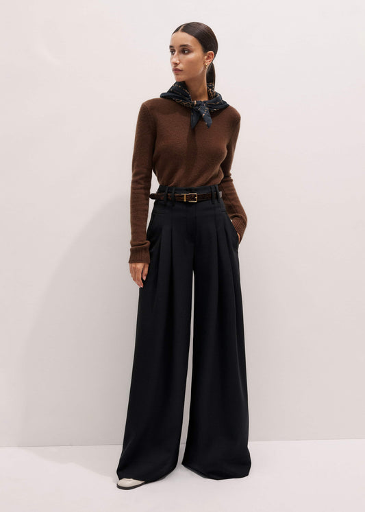 Black Wool Ultra Wide-Leg Pleat Pant