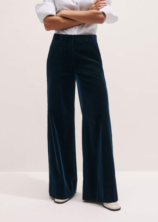 Navy Wool Pinstripe Wide-Leg Pant