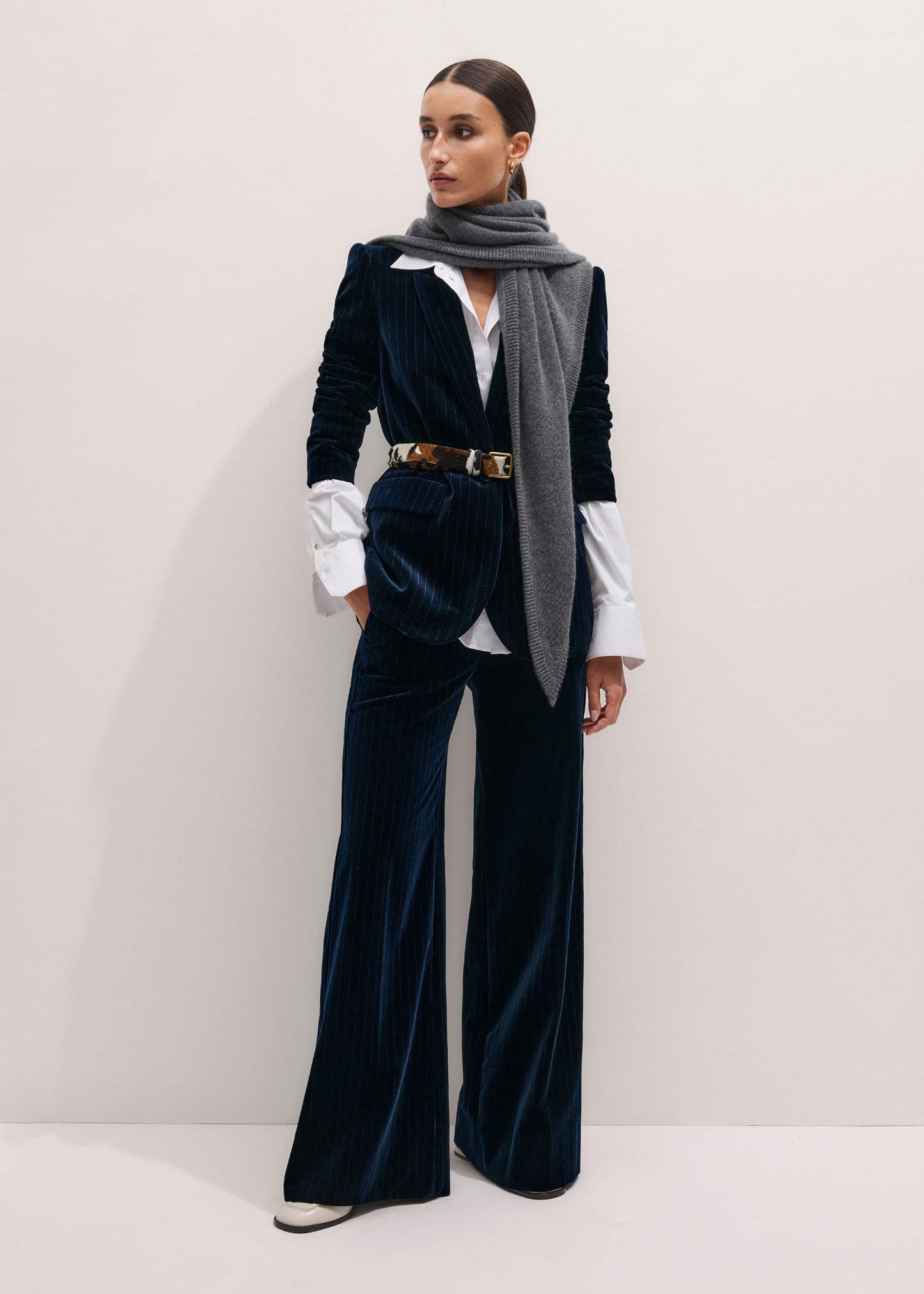 Navy Wool Pinstripe Wide-Leg Pant