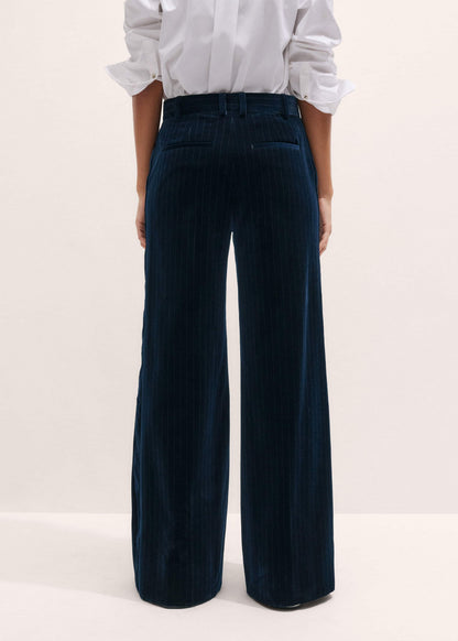 Navy Wool Pinstripe Wide-Leg Pant