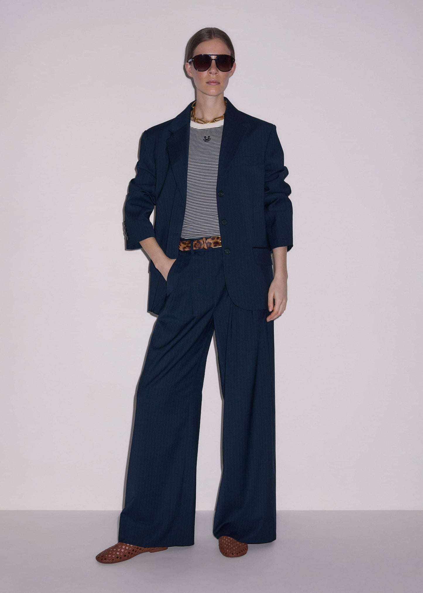 Navy Pinstripe Pleat Front Man Pant