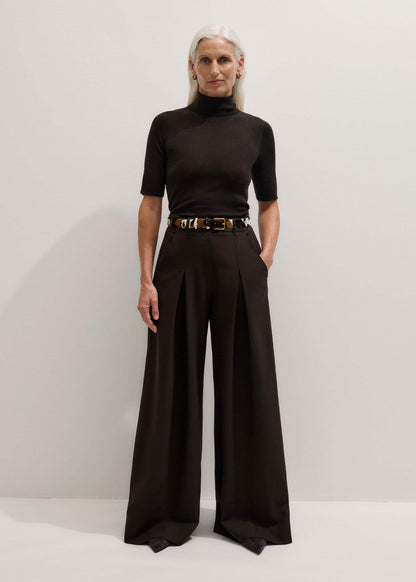 Brown Wool Ultimate Pleat-Front Wide-Leg Pant