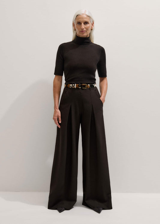 Brown Wool Ultimate Pleat-Front Wide-Leg Pant