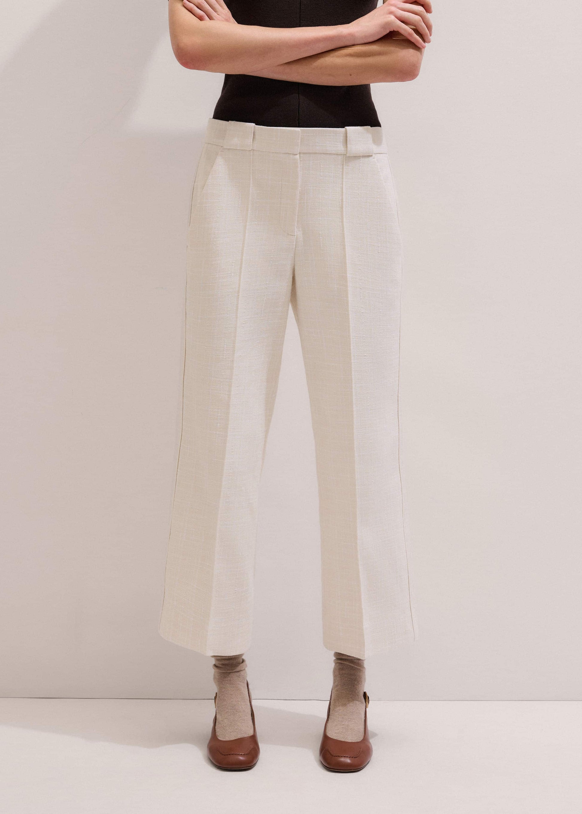 Ivory Textured Straight Crop Pant