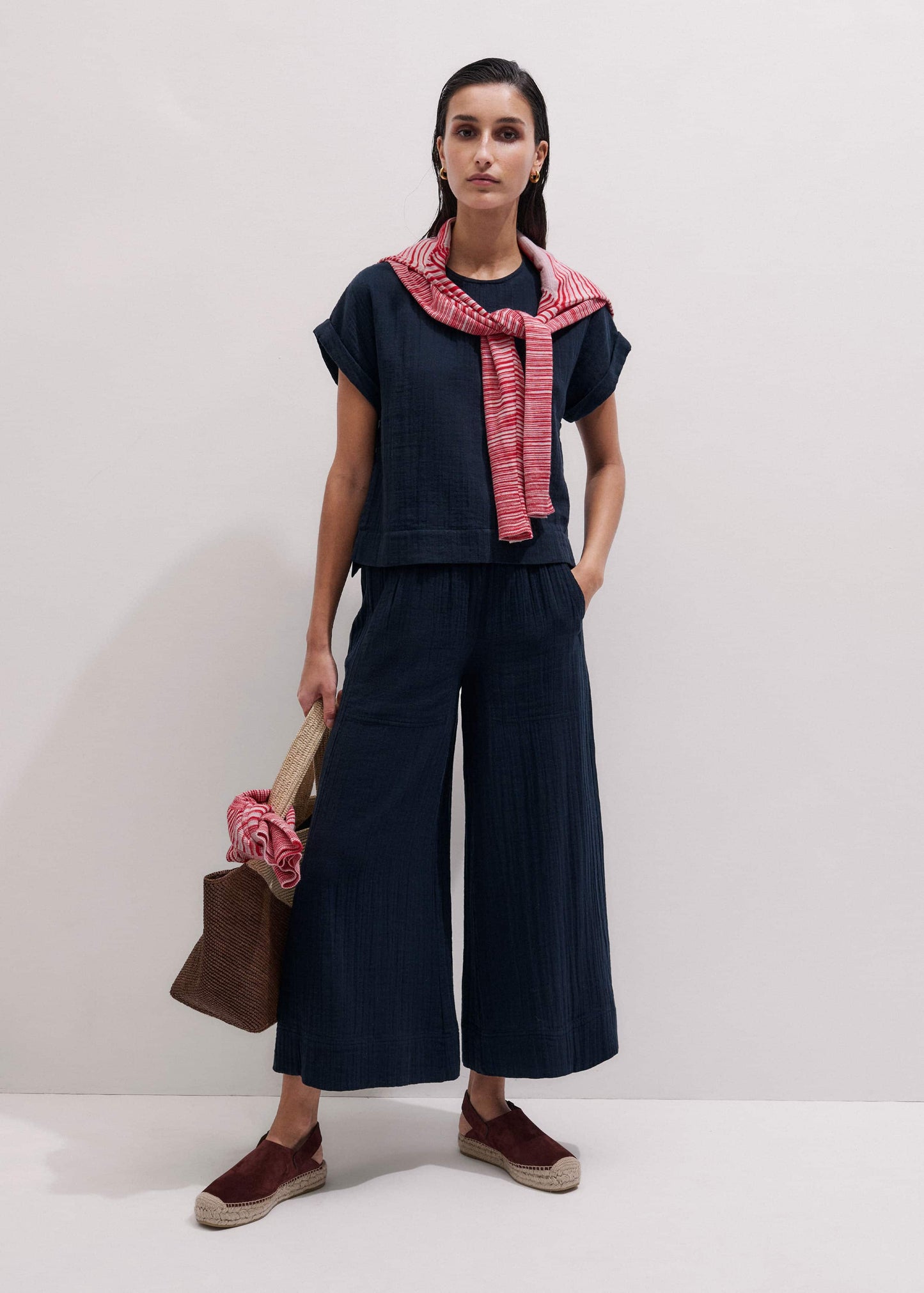 Navy Cheesecloth Cropped Wide-Leg Pant