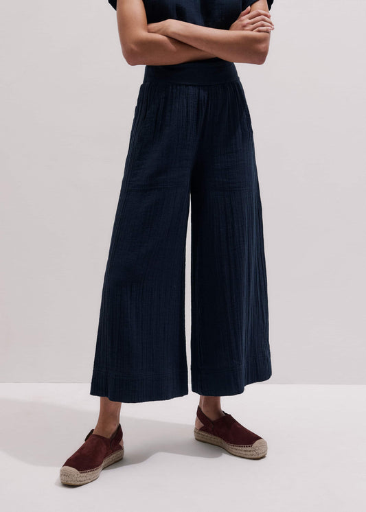 Navy Cheesecloth Cropped Wide-Leg Pant