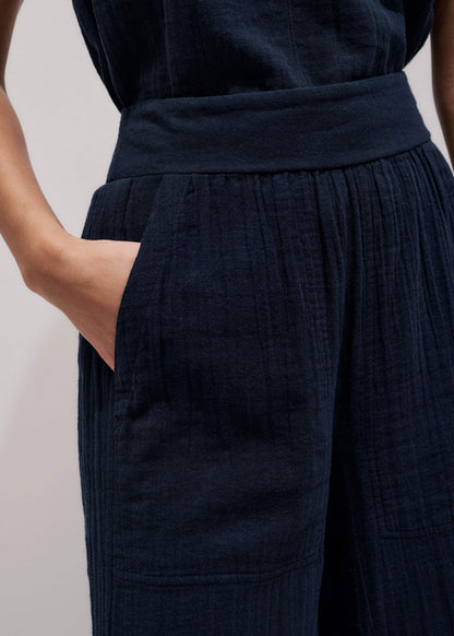 Navy Cheesecloth Cropped Wide-Leg Pant