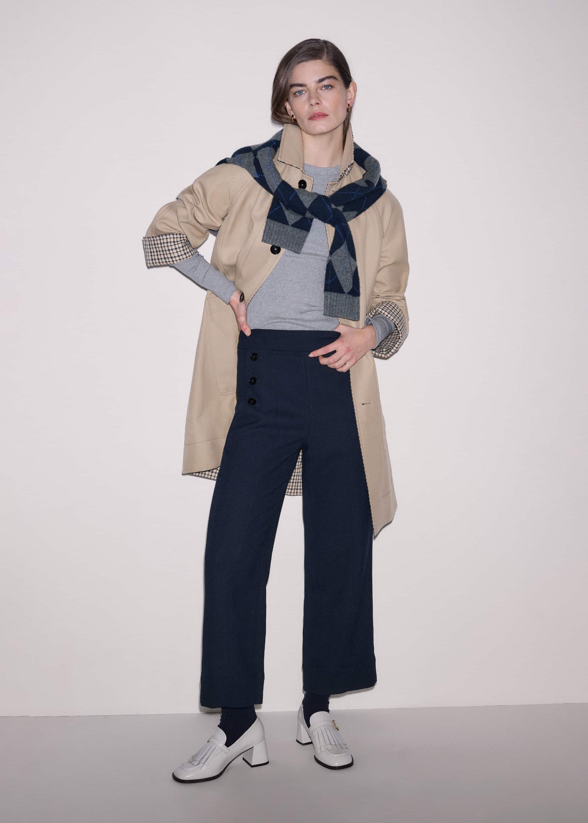 Navy Button Front Straight Crop Pant