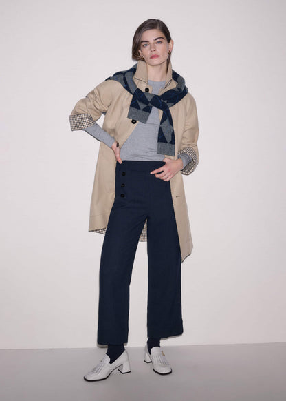 Navy Button Front Straight Crop Pant