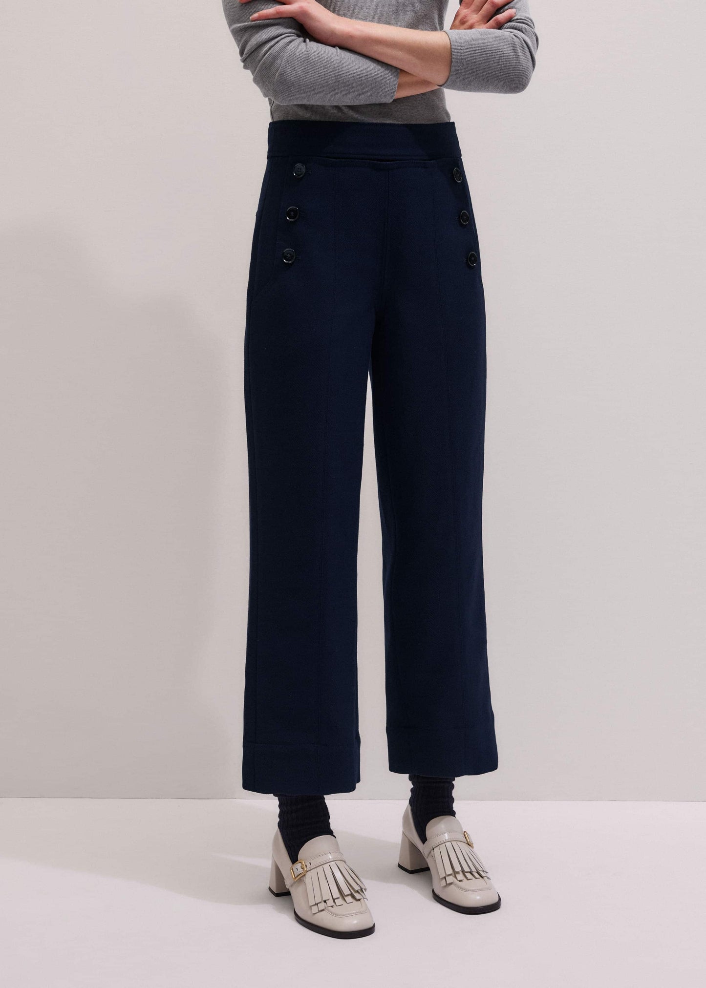 Navy Button Front Straight Crop Pant