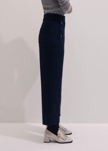 Navy Button Front Straight Crop Pant