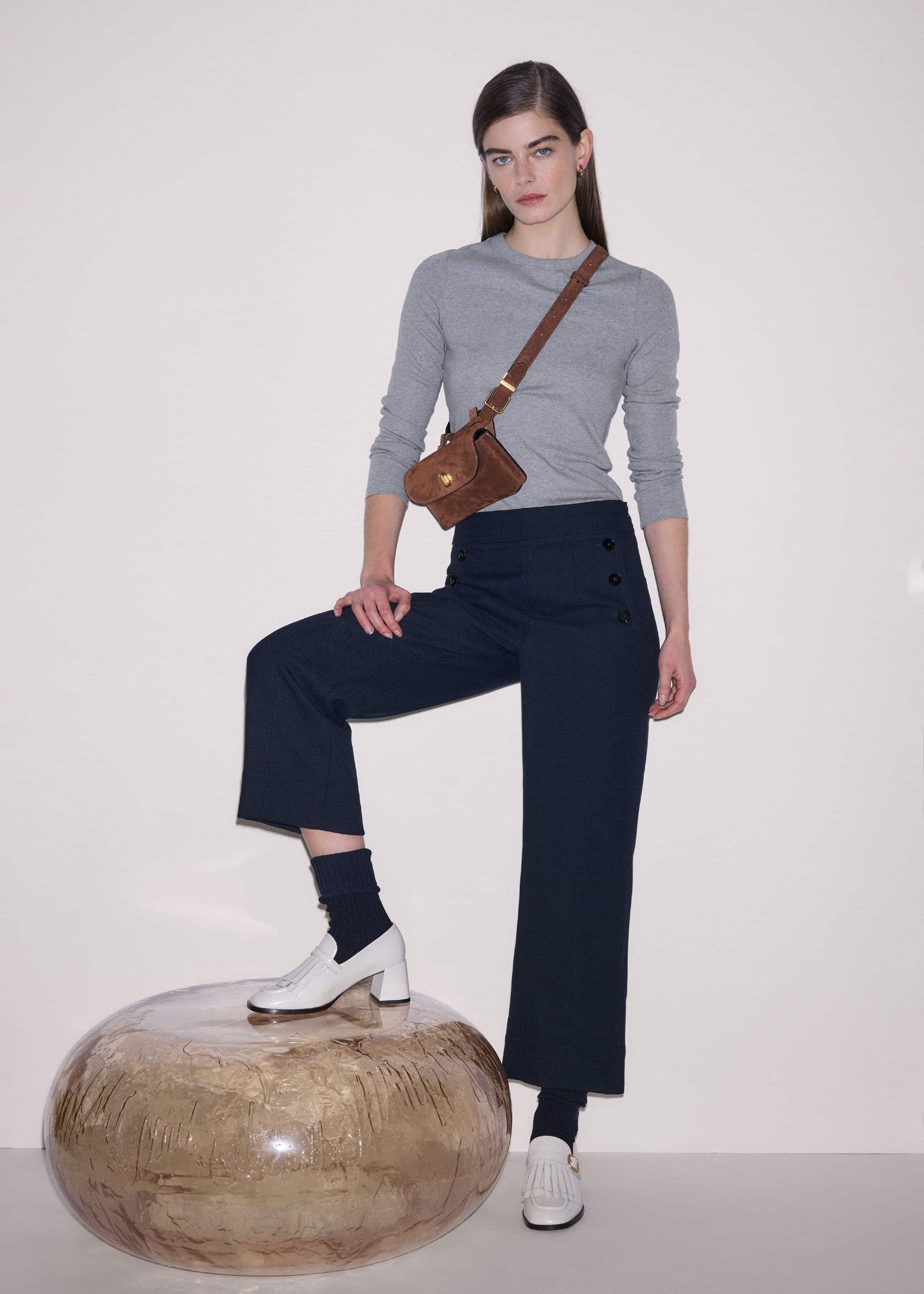Navy Button Front Straight Crop Pant