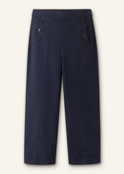 Navy Button Front Straight Crop Pant