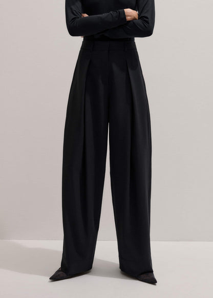 Black Wool Exaggerated Tapered Pleat Pant