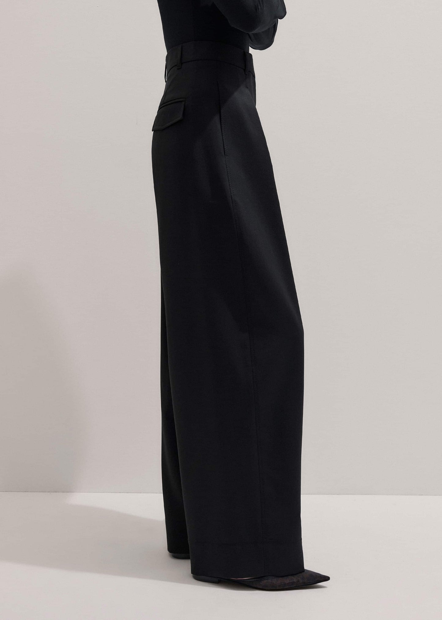 Black Wool Exaggerated Tapered Pleat Pant