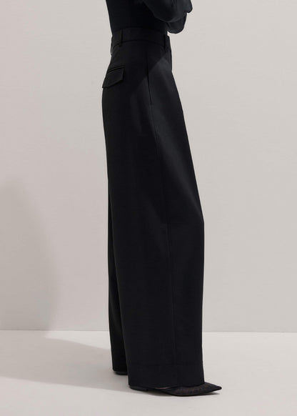 Black Wool Exaggerated Tapered Pleat Pant