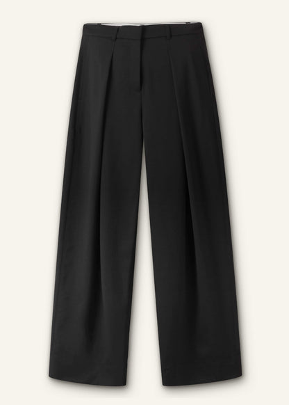 Black Wool Exaggerated Tapered Pleat Pant