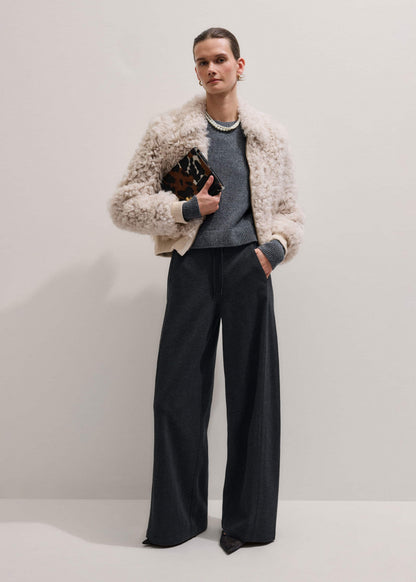 Gray Herringbone Barrel-Leg Pant