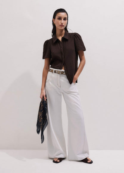 Brown Cheesecloth Trim Detail Blouse