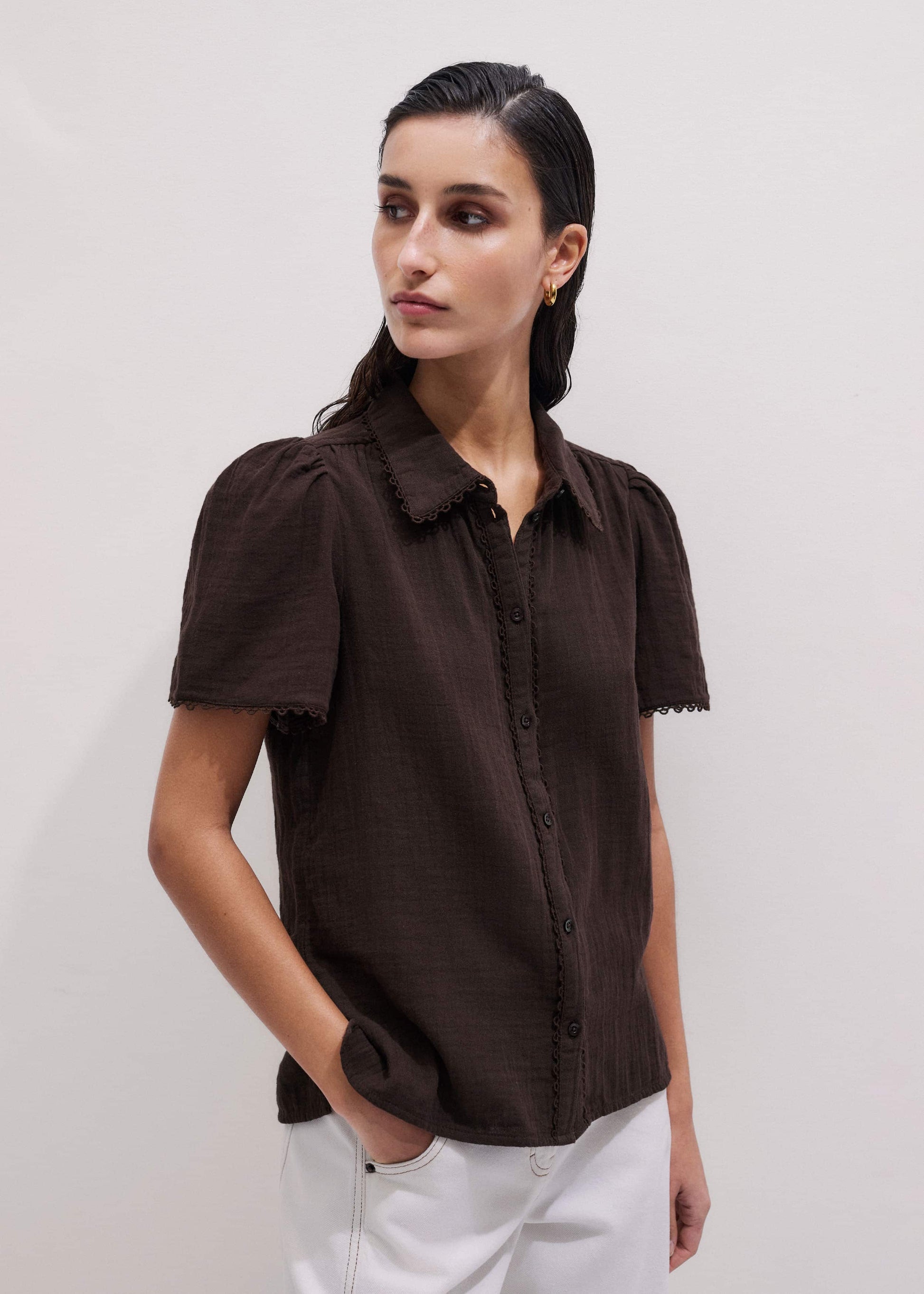 Brown Cheesecloth Trim Detail Blouse