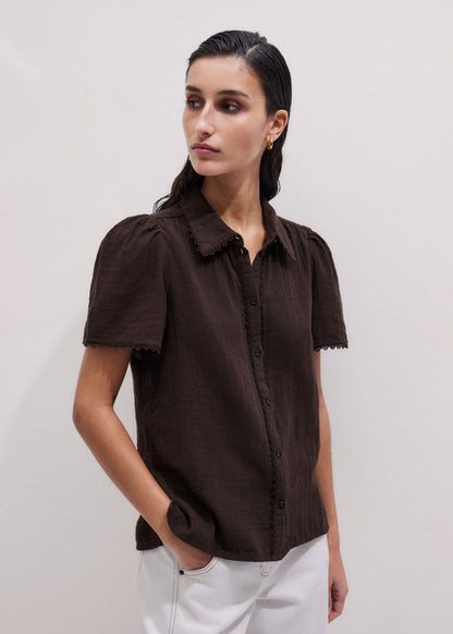 Brown Cheesecloth Trim Detail Blouse