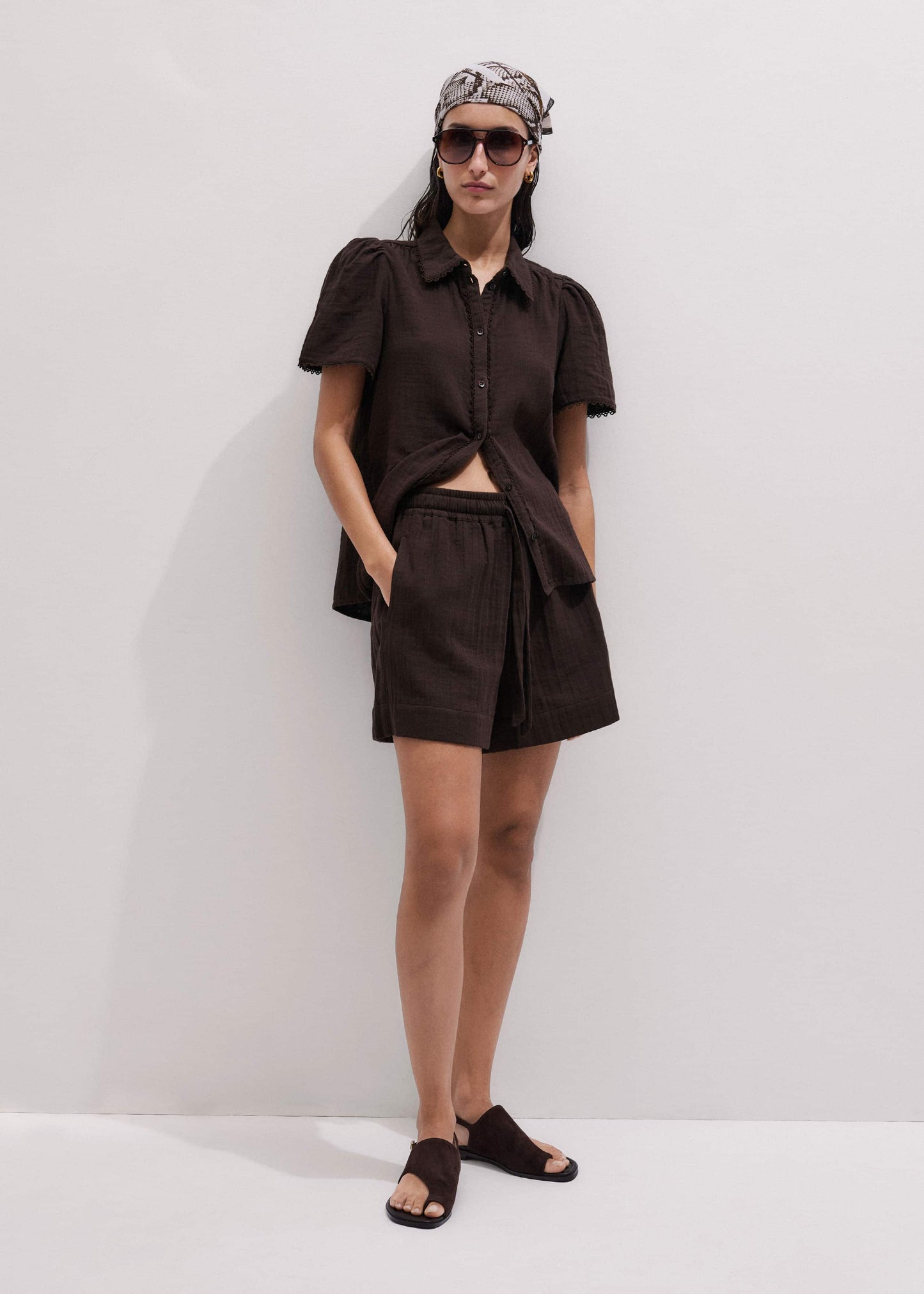 Brown Cheesecloth Trim Detail Blouse