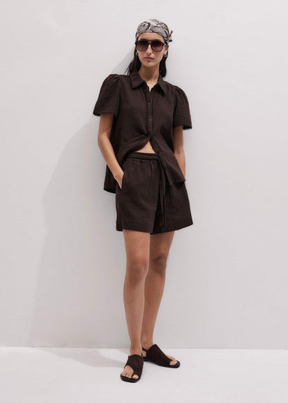 Brown Cheesecloth Trim Detail Blouse