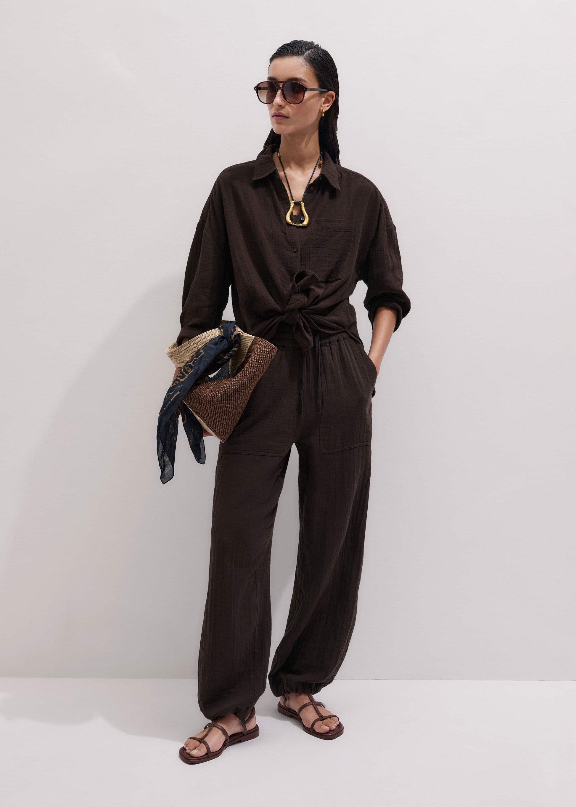Brown Cheesecloth Relaxed Summer Shirt