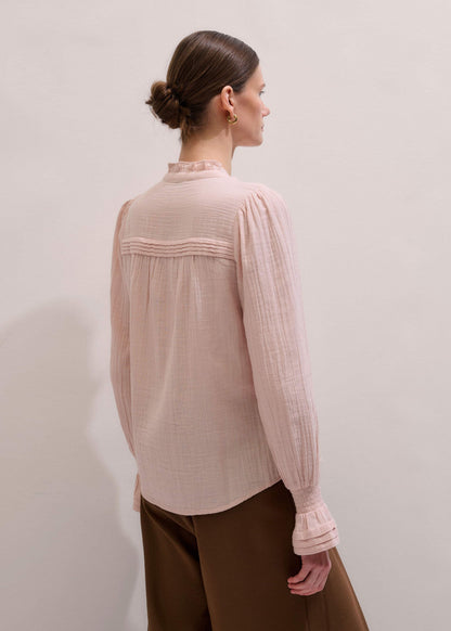 Pink Pleat Detail Long Sleeve Cheesecloth Blouse
