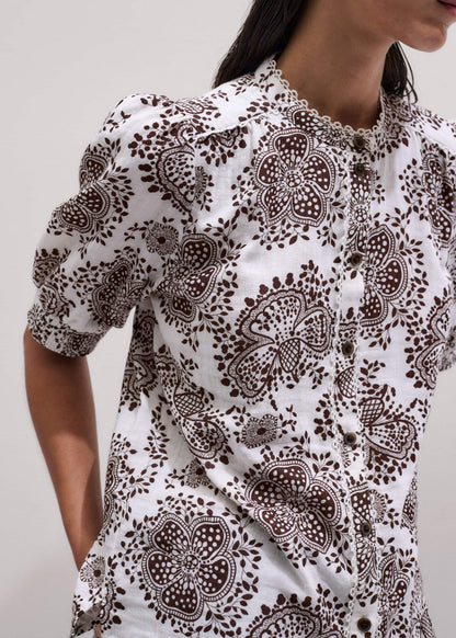 White Cheesecloth In-Full-Bloom Print Straight Blouse