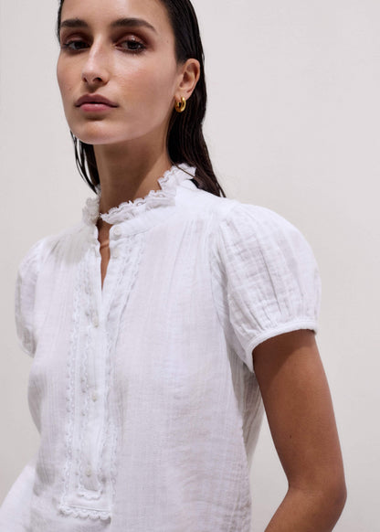 White Straight Cheesecloth Cap-Sleeve Blouse
