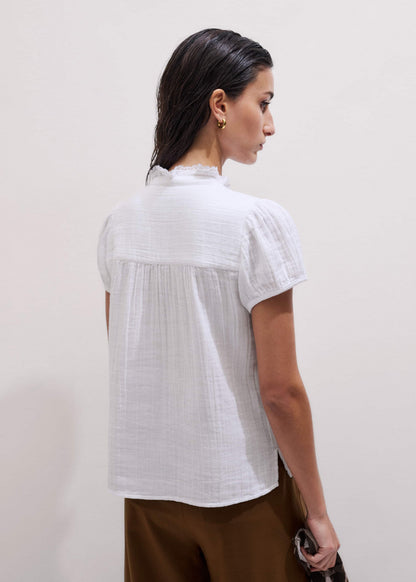 White Straight Cheesecloth Cap-Sleeve Blouse