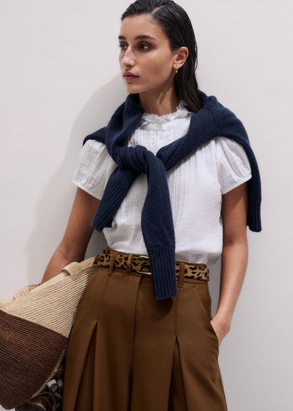 White Straight Cheesecloth Cap-Sleeve Blouse