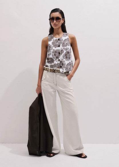 White Cheesecloth Full Bloom Print Short Straight Top