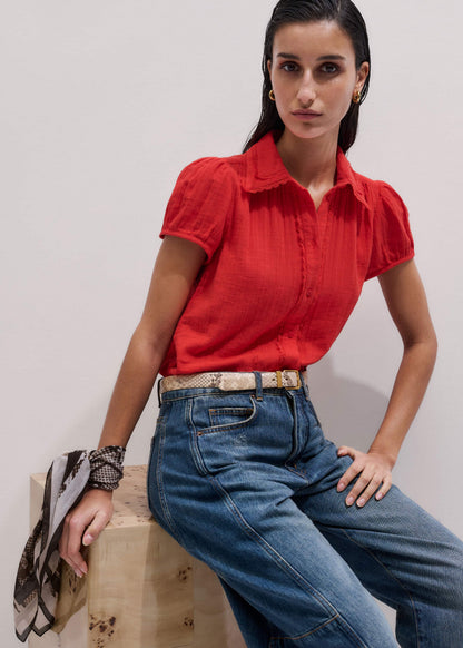 Red Cheesecloth Cap-Sleeve Blouse