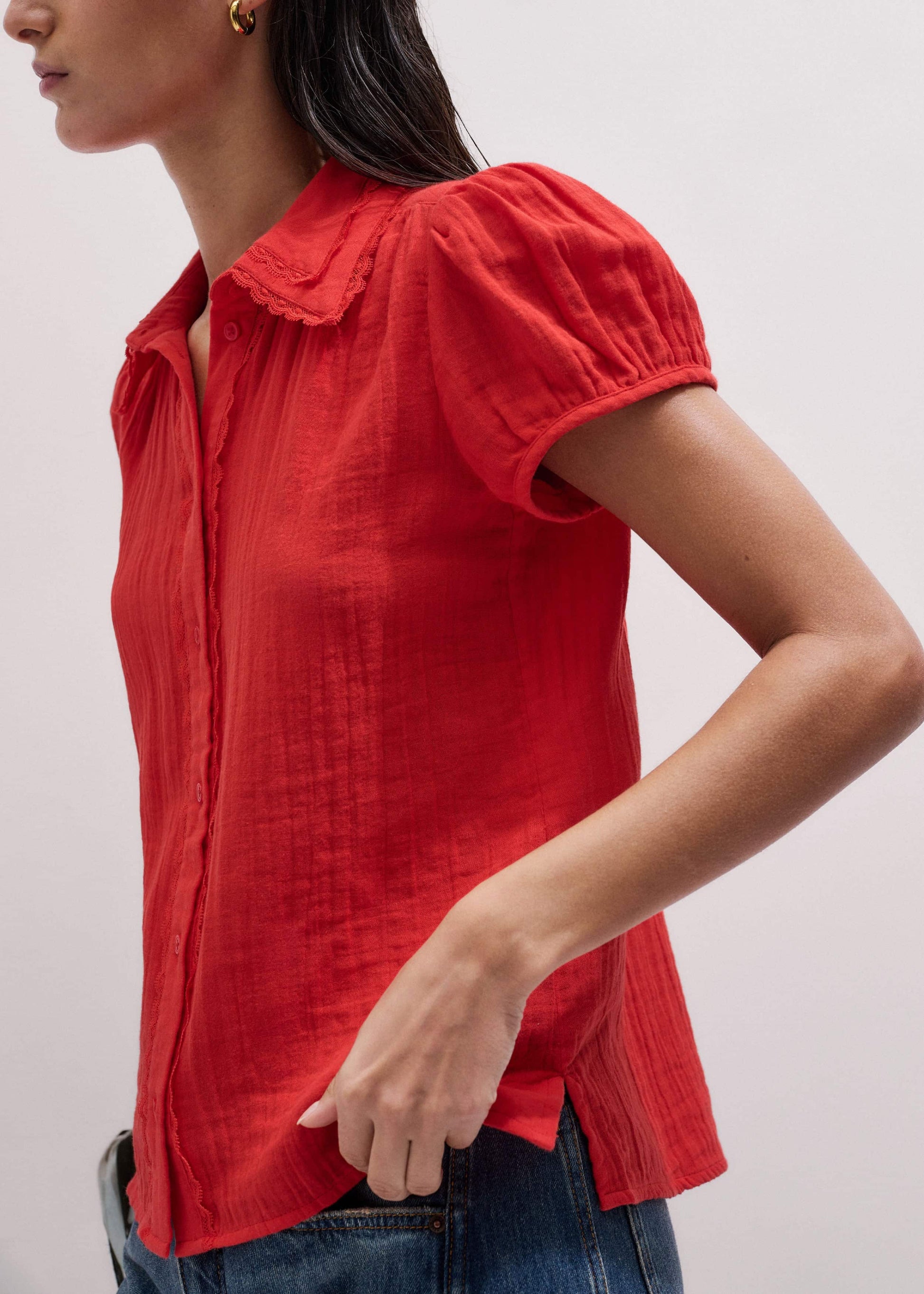 Red Cheesecloth Cap-Sleeve Blouse