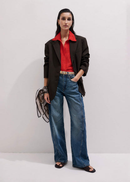 Red Cheesecloth Cap-Sleeve Blouse