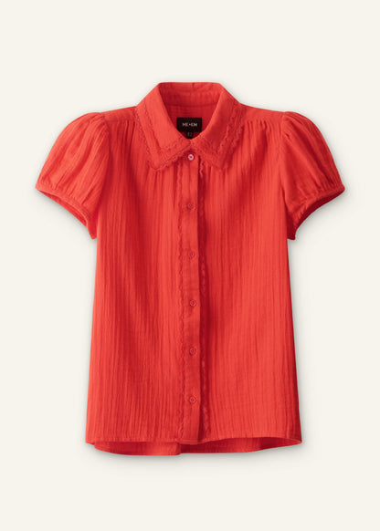 Red Cheesecloth Cap-Sleeve Blouse