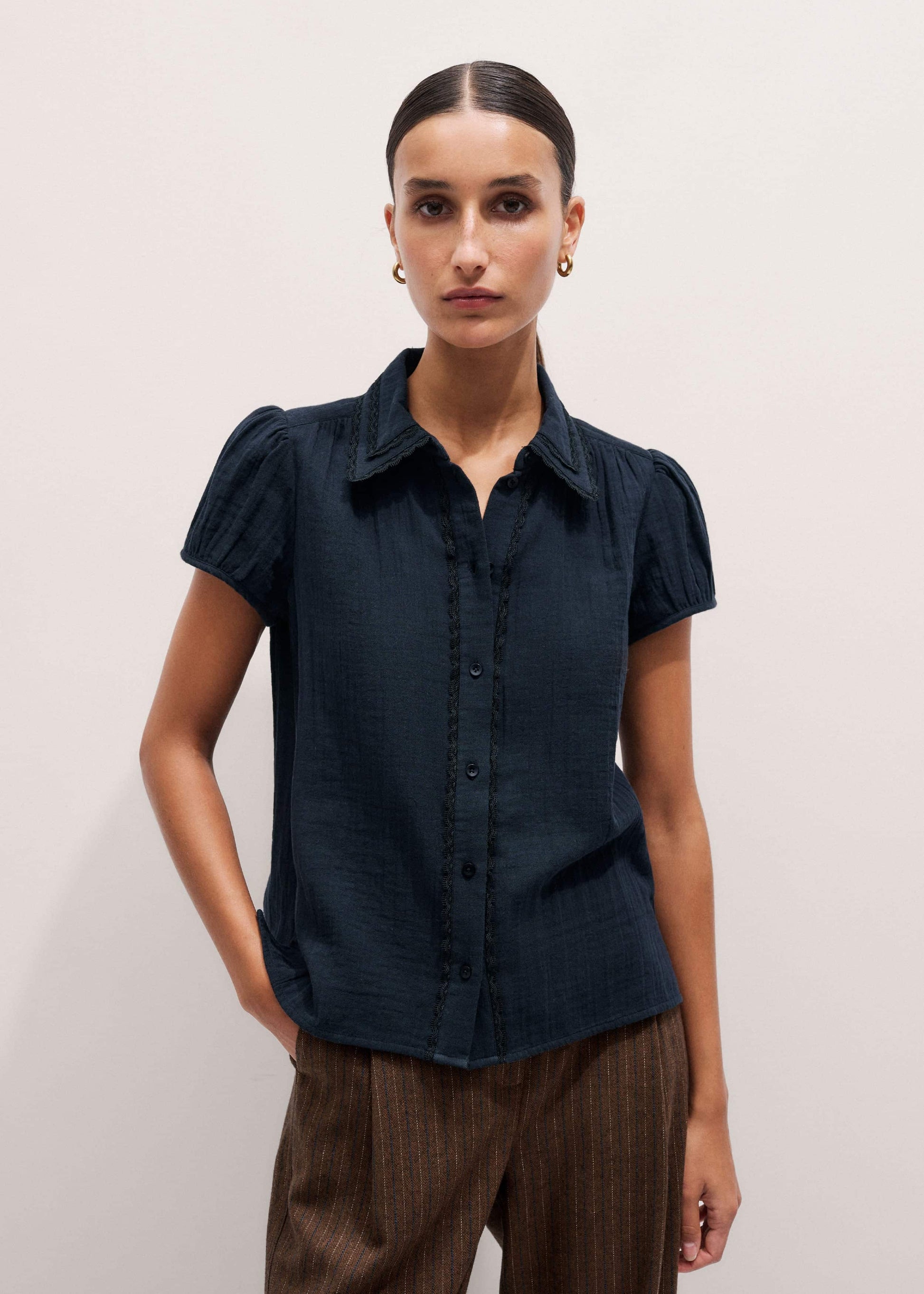 Navy Cheesecloth Cap-Sleeve Blouse