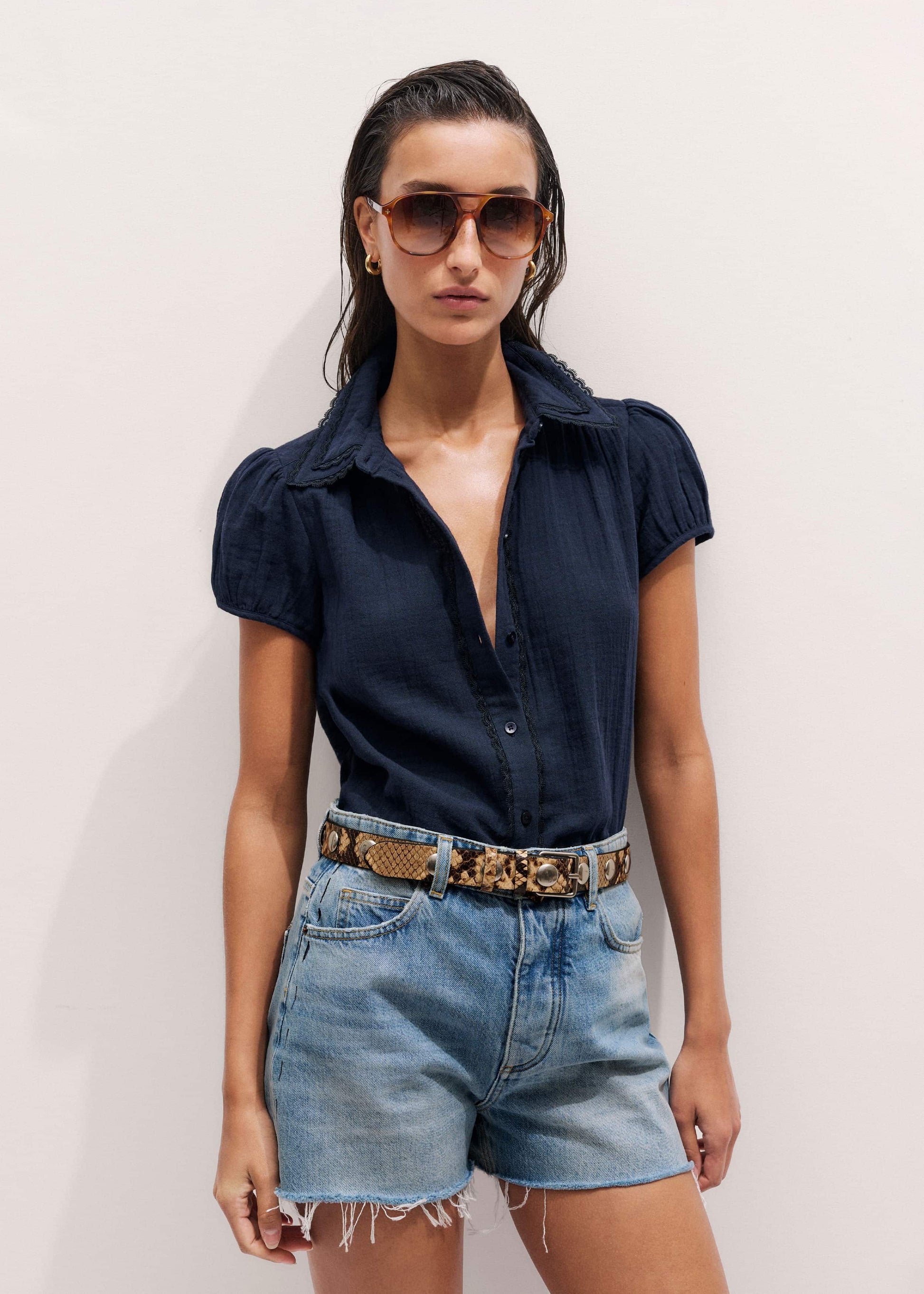 Navy Cheesecloth Cap-Sleeve Blouse