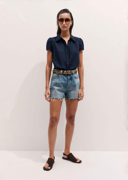 Navy Cheesecloth Cap-Sleeve Blouse