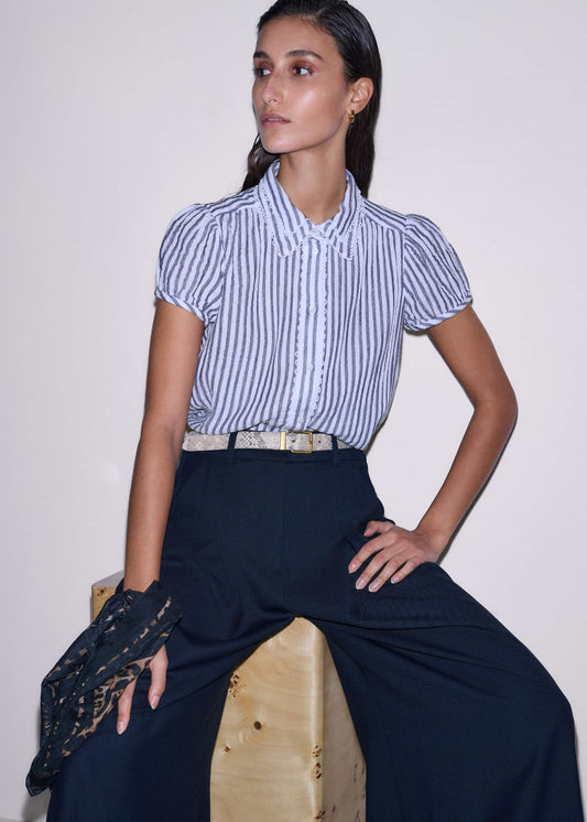 Navy Cheesecloth Stripe Cap-Sleeve Blouse