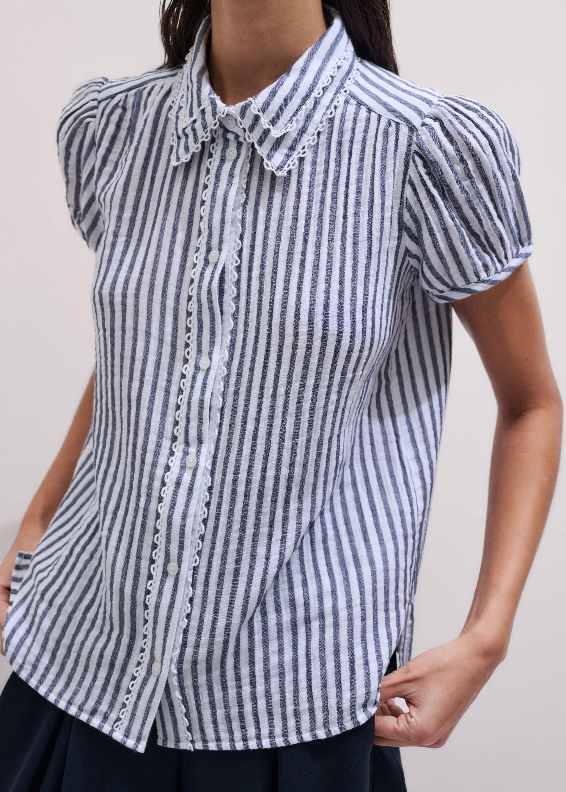 Navy Cheesecloth Stripe Cap-Sleeve Blouse