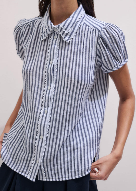 Navy Cheesecloth Stripe Cap-Sleeve Blouse