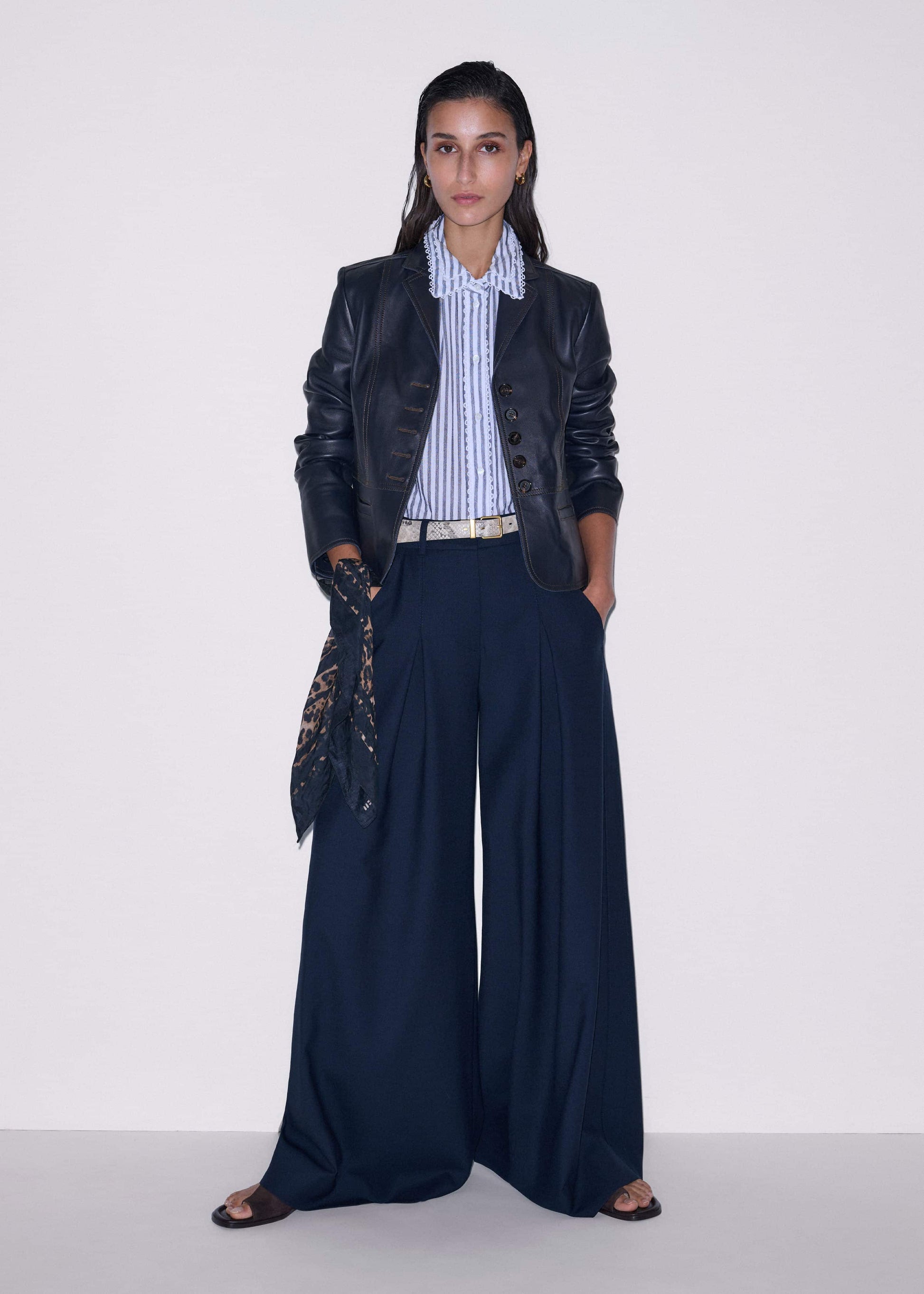 Navy Cheesecloth Stripe Cap-Sleeve Blouse