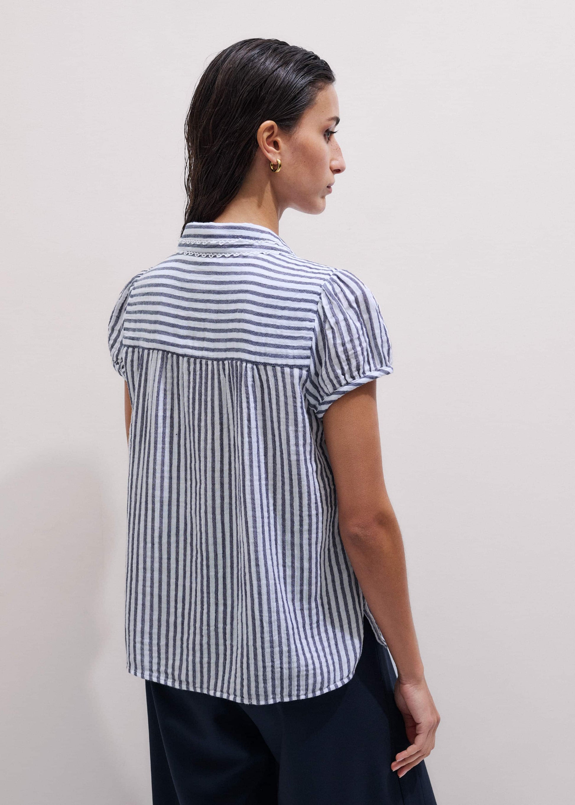 Navy Cheesecloth Stripe Cap-Sleeve Blouse